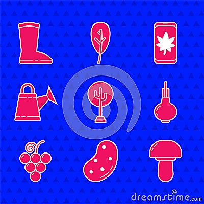Set Tree, Potato, Mushroom, Onion, Grape fruit, Watering can, Leaf mobile phone and Waterproof rubber boot icon. Vector Vector Illustration