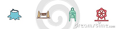 Set Tree stump, Capilano Suspension Bridge, Winter hat and Ferris wheel icon. Vector Vector Illustration