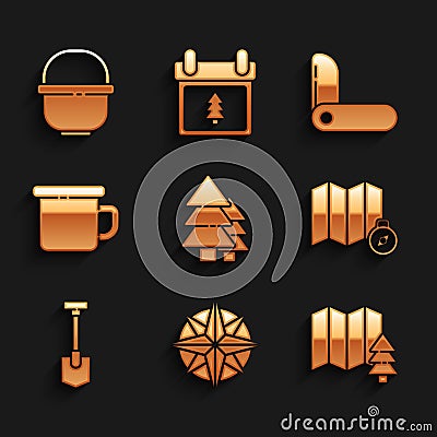 Set Tree, Wind rose, Location of the forest, map, Shovel, Camping metal mug, Swiss army knife and pot icon. Vector Vector Illustration