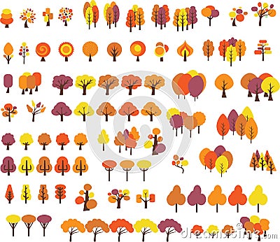 Set of trees in different styles in autumn colors Vector Illustration
