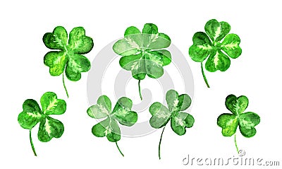Set of trefoil, clover leaves with 3, 4 four leaf. Watercolor collection for St Patrick day. Celtic, irish symbol of Stock Photo