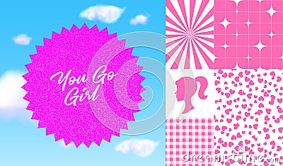 Set of Trendy Barbie Doll Elements. Vector Pink Cartoon Illustrations in Barbiecore Style. Girl Silhouette Sticker Vector Illustration