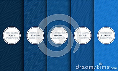 Set of trendy blue seamless curve outline patterns. Striped endless wave texture. Vector repeatable minimalistic Vector Illustration