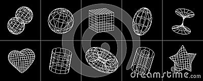 Set of trendy 3d vector figures and shapes in retro Y2K aesthetic, 3d dimensional objects Vector Illustration