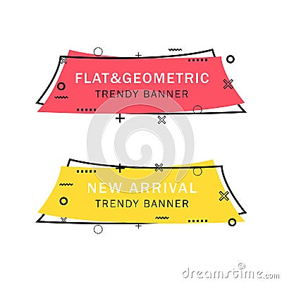 Set of trendy flat geometric vector banners. Flat linear promotion ribbon banner, scroll, price tag, sticker, badge, poster. Vector Illustration