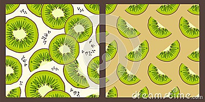 Set of Trendy Fresh fruit seamless pattern. Ripe juicy Silced kiwi fruits. Bright design of exotic fruits.Healthy organic food. Vector Illustration