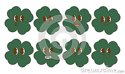 Set trendy Groovy clover stickers. Happy Saint Patrick's Day. Funky happy clover character in trendy retro 60s 70s Vector Illustration