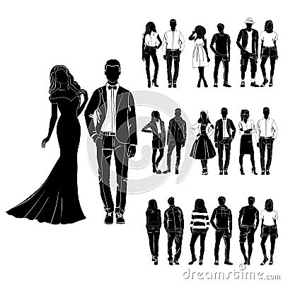 Set of trendy guys and girls vector. Fashionable man and woman vector. Fashionable young couples. Fashion concept vector black Vector Illustration
