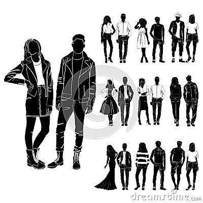 Set of trendy guys and girls vector. Fashionable man and woman vector. Fashionable young couples. Fashion concept vector black Vector Illustration