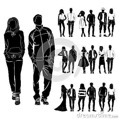 Set of trendy guys and girls vector. Fashionable man and woman vector. Fashionable young couples. Fashion concept vector black Vector Illustration