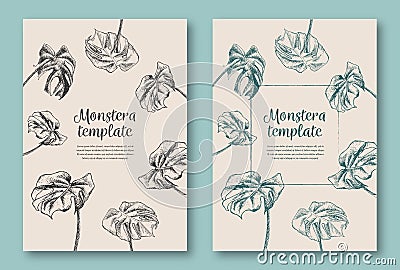 Set of trendy hand drawn palm leaves backgrounds. Tropical vector templates. Decorative greeting card, invitation or poster. Vector Illustration