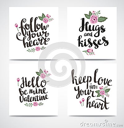 Set of trendy hipster Valentine Cards. Hand drawn vector backgrounds. Set of Valentine's calligraphics Vector Illustration