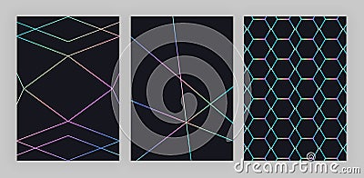 Set trendy holographic geometric design. Colorful polygonal lines on the black background. Modern pattern for flyer, invitation, c Vector Illustration