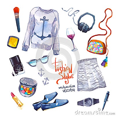 Set of trendy look. Watercolor clothes Vector Illustration