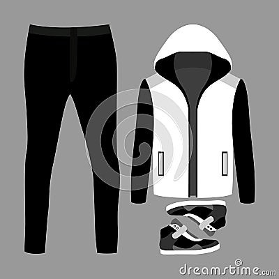 Set of trendy men's clothes. Outfit of man blazer, pants and sneakers Vector Illustration