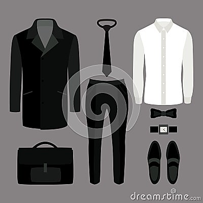 Set of trendy men's clothes. Outfit of man coat, pants, shirt a Vector Illustration