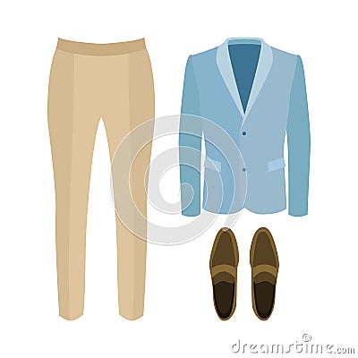 Set of trendy men's clothes with pants, jacket and loafers. Vector Illustration