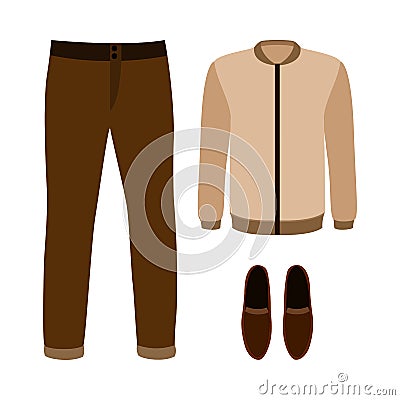 Set of trendy men's clothes with pants, jacket and moccasins Vector Illustration