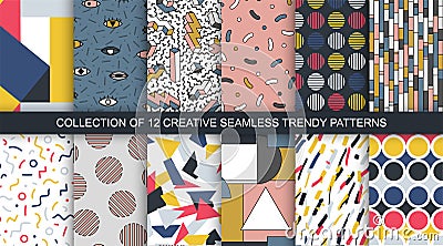 Set of trendy seamless colorful patterns - repeatable minimalistic design. Vibrant stylish textures. Abstract retro Vector Illustration