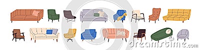 Set of trendy sofas, chairs, armchairs, ottomans, and couches with cushions in retro mid-century style. Modern soft Vector Illustration
