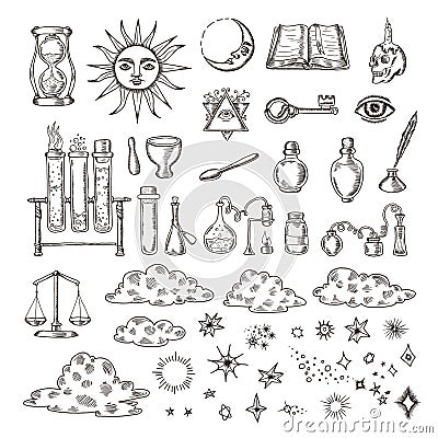 Set of trendy vector alchemy symbols collection on white background. Vector Illustration