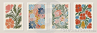 Set of trendy vintage wall prints with flowers, leaves, shapes. Modern aesthetic illustrations. Bohemian style Collection of Vector Illustration