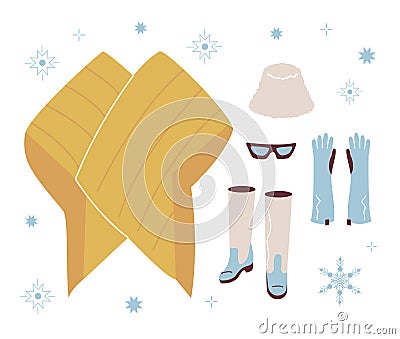 Set trendy Winter clothed. Down jacket kimono, panama hat, gloves, glasses, boots. Modern Clothing for spring, autumn or Vector Illustration