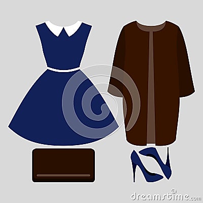 Set of trendy women's clothes. Outfit of woman coat, dress and accessories Vector Illustration