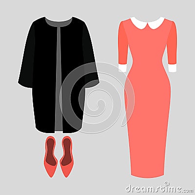 Set of trendy women's clothes. Outfit of woman coat, dress and pump. Women's wardrobe Vector Illustration