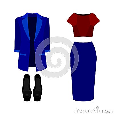 Set of trendy women's clothes. Outfit of woman jacket, skirt, b Vector Illustration