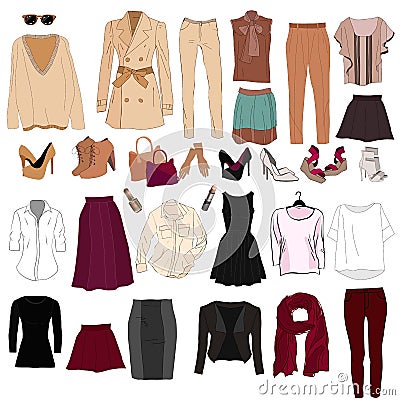 Set of trendy women`s clothes. Outfit of woman jacket, Vector Illustration