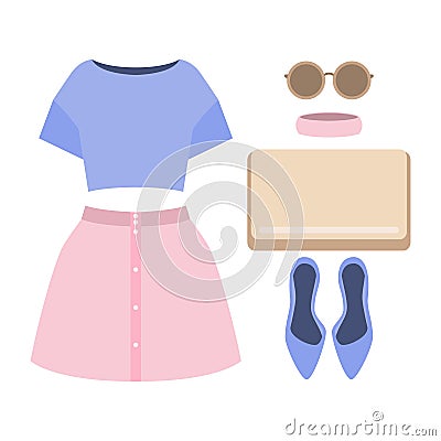 Set of trendy women's clothes. Outfit of woman skirt, blouse and Vector Illustration