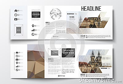 Set of tri-fold brochures, square design templates. Polygonal background, blurred image, urban landscape, Prague Vector Illustration