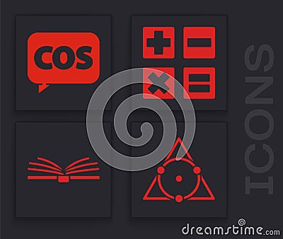Set Triangle math, Mathematics function cosine, Calculator and Open book icon. Vector Vector Illustration