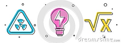 Set Triangle with radiation, Light bulb with lightning and Square root of x glyph icon. Vector Vector Illustration