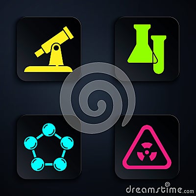 Set Triangle with radiation, Telescope, Molecule and Test tube and flask. Black square button. Vector Vector Illustration
