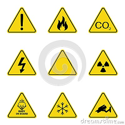 Set of triangle warning signs. Warning roadsign icon. Danger-warning-attention sign. Yellow background Vector Illustration