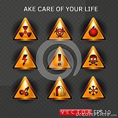 Set of triangular hazard warning signs. Vector. EPS 10 Stock Photo