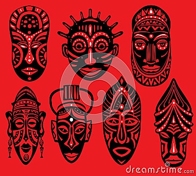 Set of Tribal African Masks on red background Vector Illustration