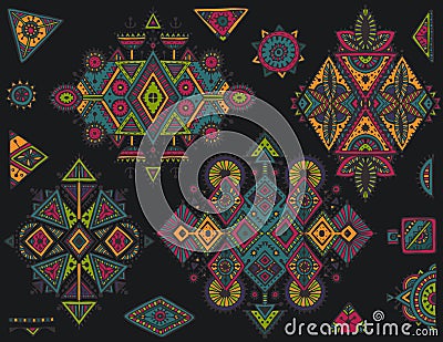 Set of tribal art boho hand drawn geometric pattern Vector Illustration