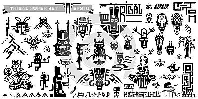 Set of tribal icons and musical notes. Ancient elements and symbols of the Maya. Vector Illustration