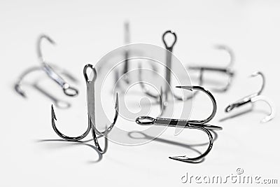 Set of triple treble hook. Fishing background with selective focus view Stock Photo