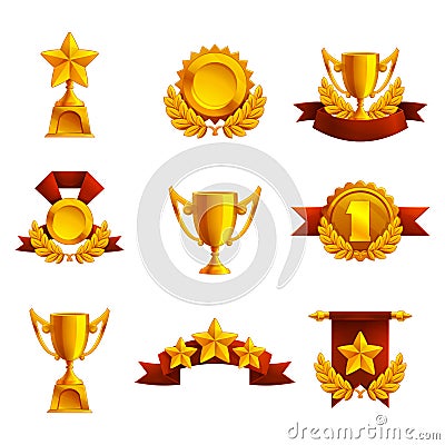 Set of trophy, medals and award. Vector Illustration