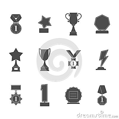 Set trophy winner award icon collection isolated on white background. Prizes and rewards silhouettes. Vector Illustration