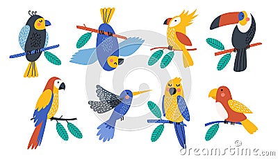 Set of tropical birds, Tropical collection of stickers for summer design, scrapbooking and postcards. Vector illustrations Vector Illustration