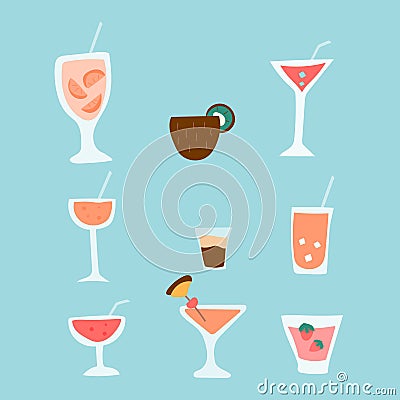 Set of tropical cocktails. Vector illustration in flat style for graphic design, shop ads, banners, invitations, prints, etc Vector Illustration