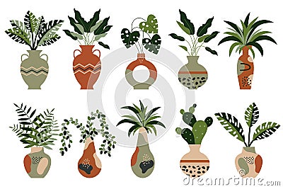 Set of tropical houseplants in vintage clay pots with ornaments. Decorative elements, icons vector Vector Illustration