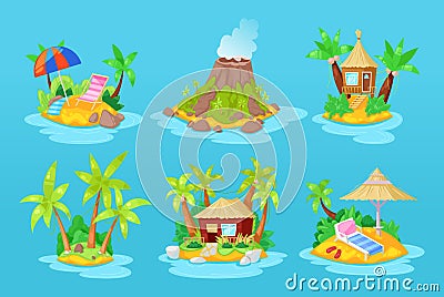 Set tropical islands in ocean with palm, bungalow, volcano, waterfall. Vector Illustration