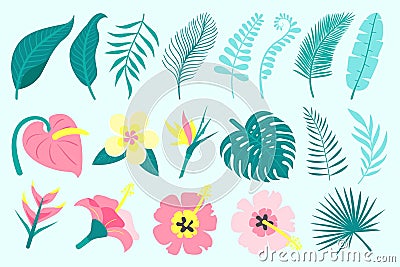 Set of tropical leaves and flowers. Palm leaves, jungle leaves, philodendron, monstera. Vector Illustration