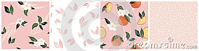 Set of Tropical seamless pattern with oranges flower leaf dots on pink background. Simple trendy fruit repeated background. Vector Illustration